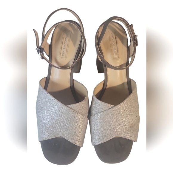 Antonio Melani Biege & Brown Ankle Strap Block Heels Fabric/Leather Sandals 8.5M - Picture 2 of 11